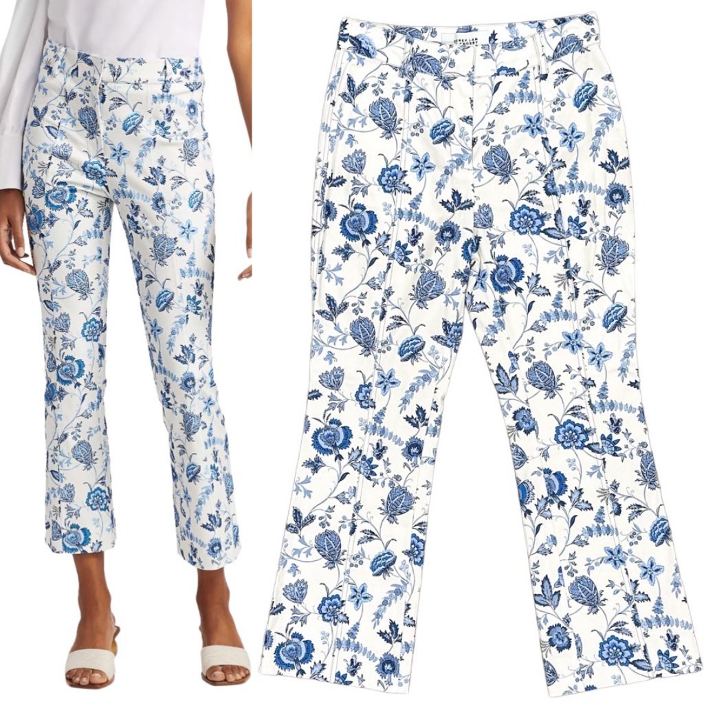 Derek Lam 10 Crosby Meloe Floral Cropped Flare Trousers Pant Blue White Size 2